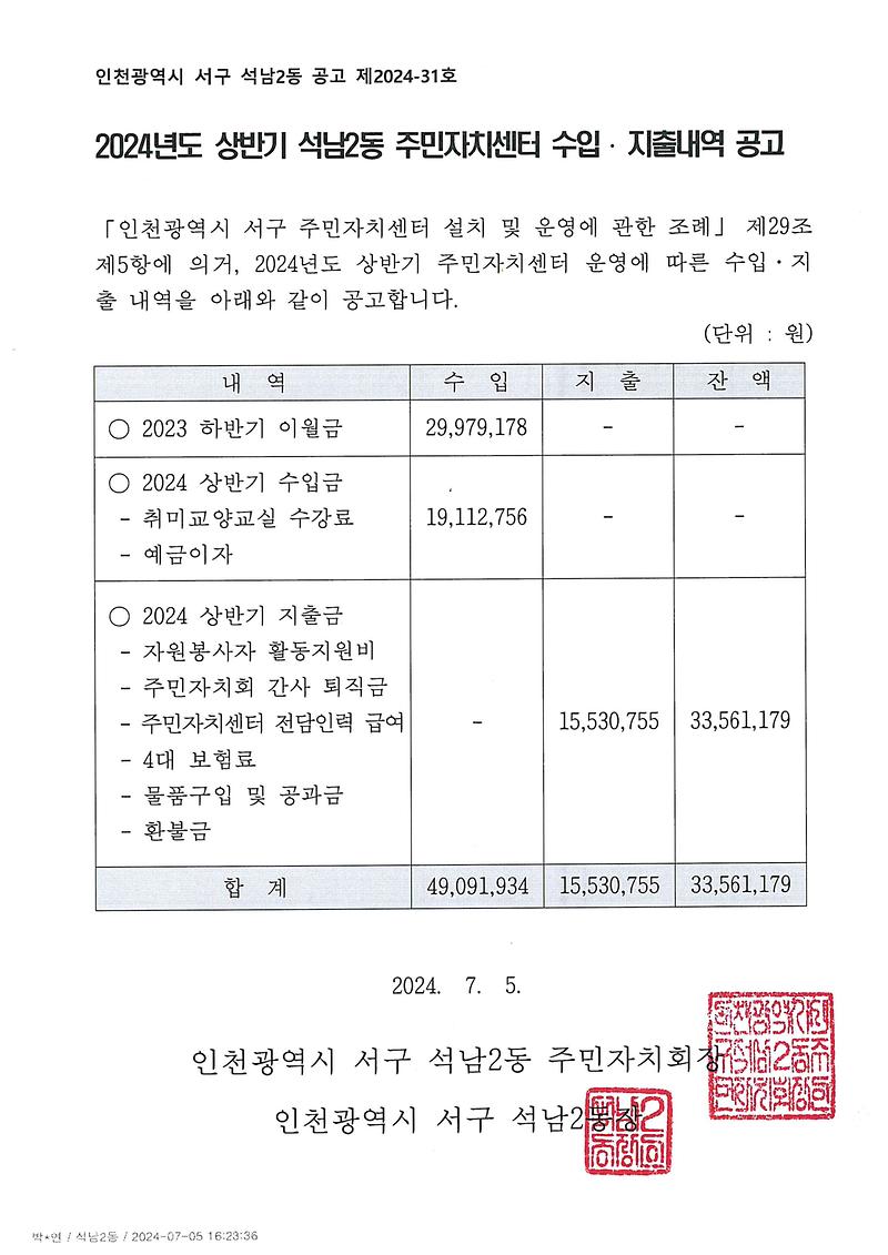 2024년도_상반기_석남2동_주민자치센터_수입지출내역_공고문.jpg 이미지