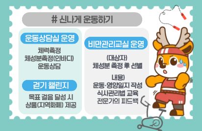 서구보건소 알차게 이용하기
신나게 운동하기
운동상담실 운영: 체력측정, 체성분측정(인바디), 운동상담
걷기첼린지: 목표 걸음 달성 시 상품(지역화폐) 제공
비만관리교실 운영: 체성분 측정 후 대상자 선정, 운동/영양일지 작성, 식사관리법 교육, 전문가의 피드백