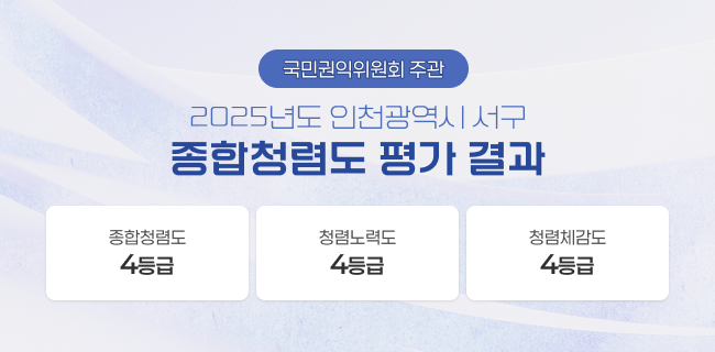 국민권익위원회 주관2025년도 인천광역시 서구 종합청렴도 평가 결과- 종합청렴도 : 4등급- 청렴노력도 : 4등급- 청렴체감도 : 4등급