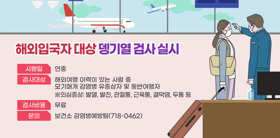 해외입국자 대상 뎅기열 검사 실시시행일: 연중검사대상: 해외여행 이력이 있는 사람 중 모기매개 감염병 유증상자 및 동반여행자※의심증상: 발열, 발진, 관절통, 근육통, 결막염, 두통 등검사비용: 무료※문의: 보건소 감염병예방팀(718-0462)