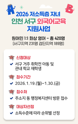 2026 저소득층 자녀 인천 서구 외국어교육 지원사업원어민 1:1 화상 영어 - 총 420명(서구지역 231명 검단지역 189명)신청자격: 서구 거주 취학전 아동 또는 관내 초중고 학생신청기간: 2026.1.19.(월)~1.30.(금)접수처: 주소지 동 행정복지센터 방문 접수대상자선정: 소득수준에 따라 순위별 선정