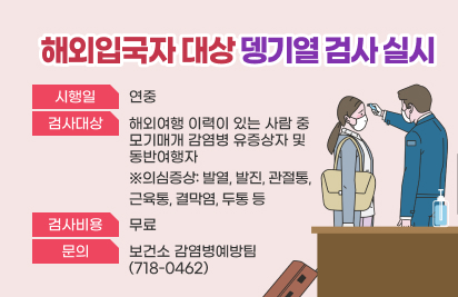 해외입국자 대상 뎅기열 검사 실시
시행일: 연중
검사대상: 해외여행 이력이 있는 사람 중 모기매개 감염병 유증상자 및 동반여행자
※의심증상: 발열, 발진, 관절통, 근육통, 결막염, 두통 등
검사비용: 무료
※문의: 보건소 감염병예방팀(718-0462)