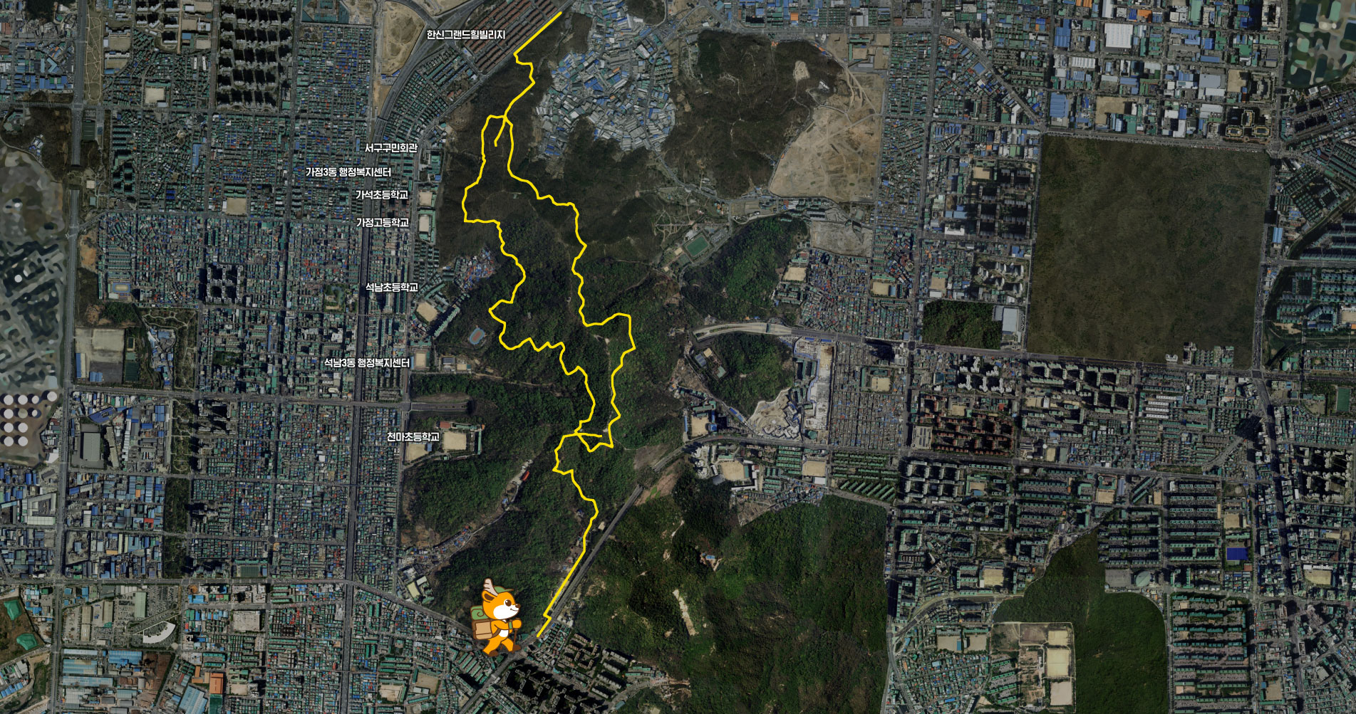 천마초등학교 - 석남3동 행정복지센터 - 석남초등학교 - 가정고등학교 - 가석초등학교 - 가정3동 행정복지센터 - 서구구민회관 - 한산그랜드힐빌리지 근처를 지나는 지도