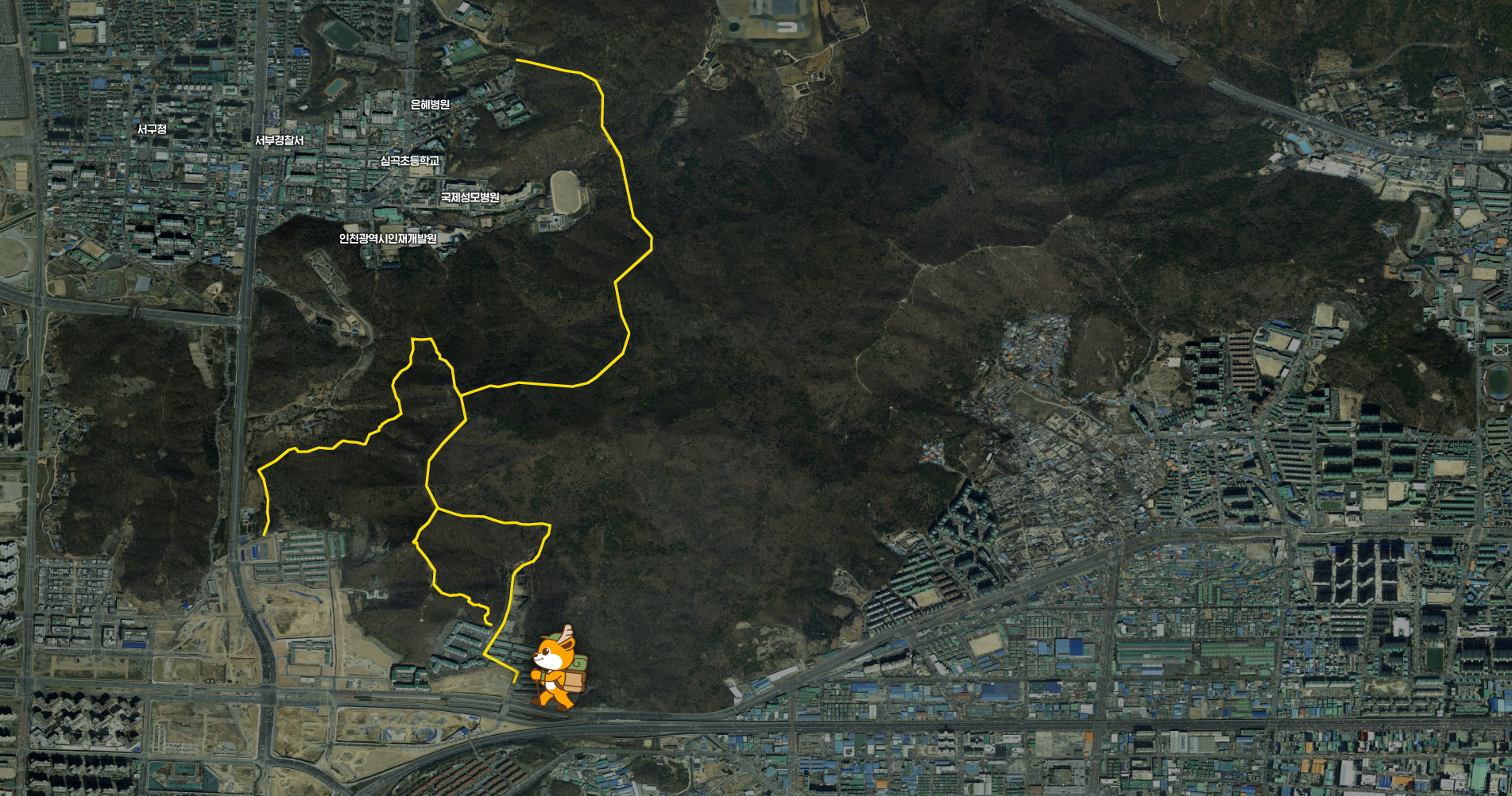 인천광역시인재개발원 - 국제성모병원 - 심곡초등학교 - 서구청 - 서부경찰서 - 은혜병원 근처를 지나는 지도