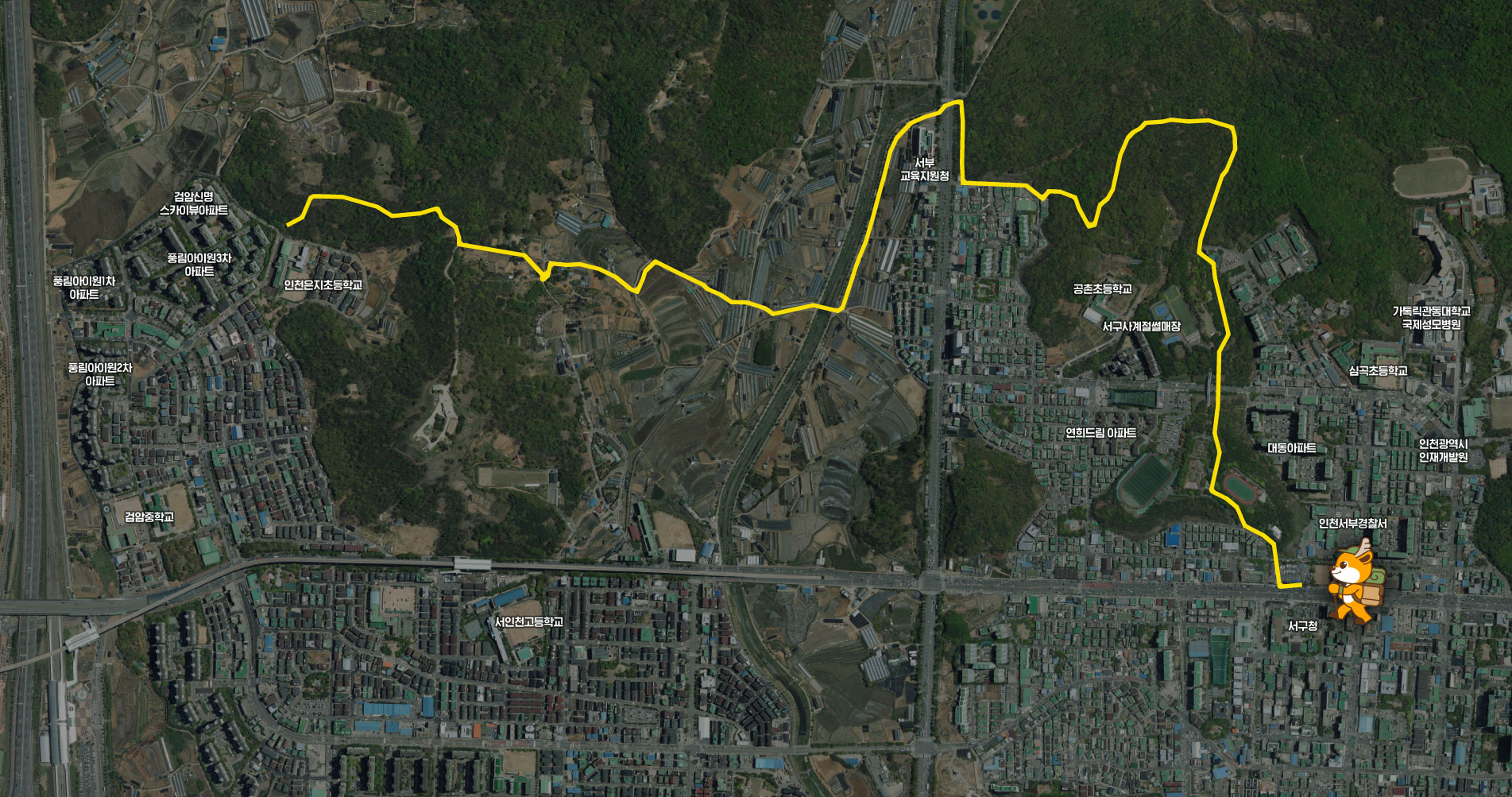 서구청 - 인천서부경찰서- 인천광역시인재개발원 - 대동아파트 - 심곡초등학교 - 가톨릭관동대학교 국제성모병원 - 연희드림 아파트 - 서구사계절썰매장 - 공촌초등학교 - 서부교육지원청 - 서인천고등학교 -  인천은지초등학교 - 검암신명스카이뷰아파트 - 풍림아이원3차아파트 - 풍림아이원1차아파트 - 풍림아이원2차아파트 - 검암중학교 근처를 지나는 지도