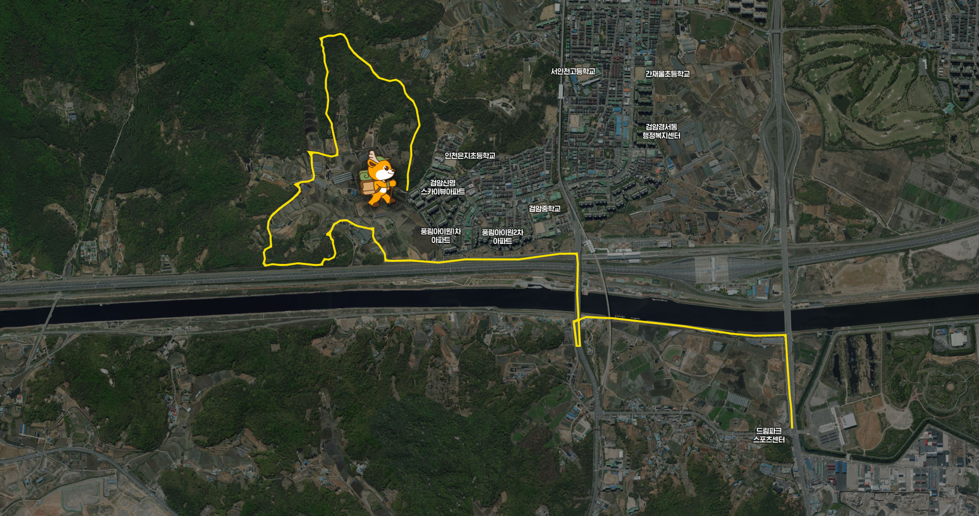 드림파크 스포츠센터 - 검암중학교 - 풍림아이원2차아파트 - 풍림아이원1차아파트 - 검암신명스카이뷰아파트 - 인천은지초등학교 - 검암경서동행정복지센터 - 서인천고등학교 - 간재울 초등학교 근처를 지나는 지도