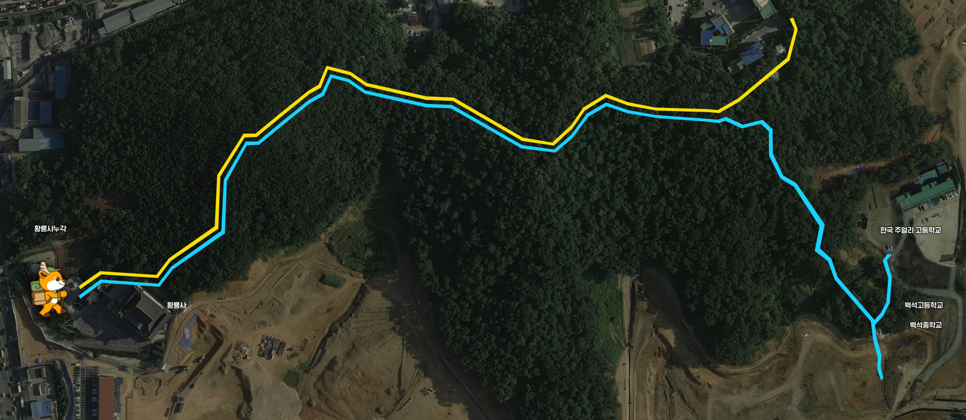 황룡사누각 - 화용사 - 한국주얼리고등학교 - 백석고등학교 - 백석중학교 근처를 지나는 지도