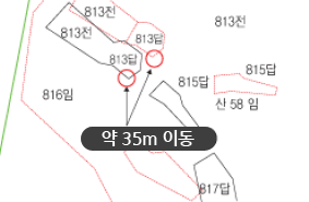 종이지적의 부정확성 중 위치오류형 이미지 예 (약 35m 이동)