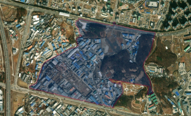 오류4지구 항공사진에서 오류4지구 사업구역(오류동 434-33번지 일원(313필지, 406,437㎡))을 파란 라인으로 표시