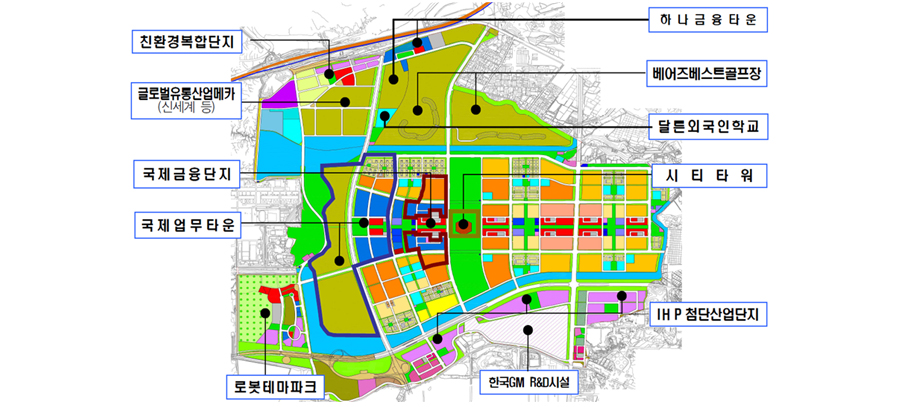 청라 주요사업 위치도 이미지. 왼쪽 상단부터 친환경복합단지, 글로벌유통산업메카(신세계 등), 국제금융단지, 국제업무타운, 로봇테마파크, 한국GM R&D 시설, IH P 첨단산업단지, 시티타워, 달튼외국인학교, 베어즈베스트골프장, 하나금융타운