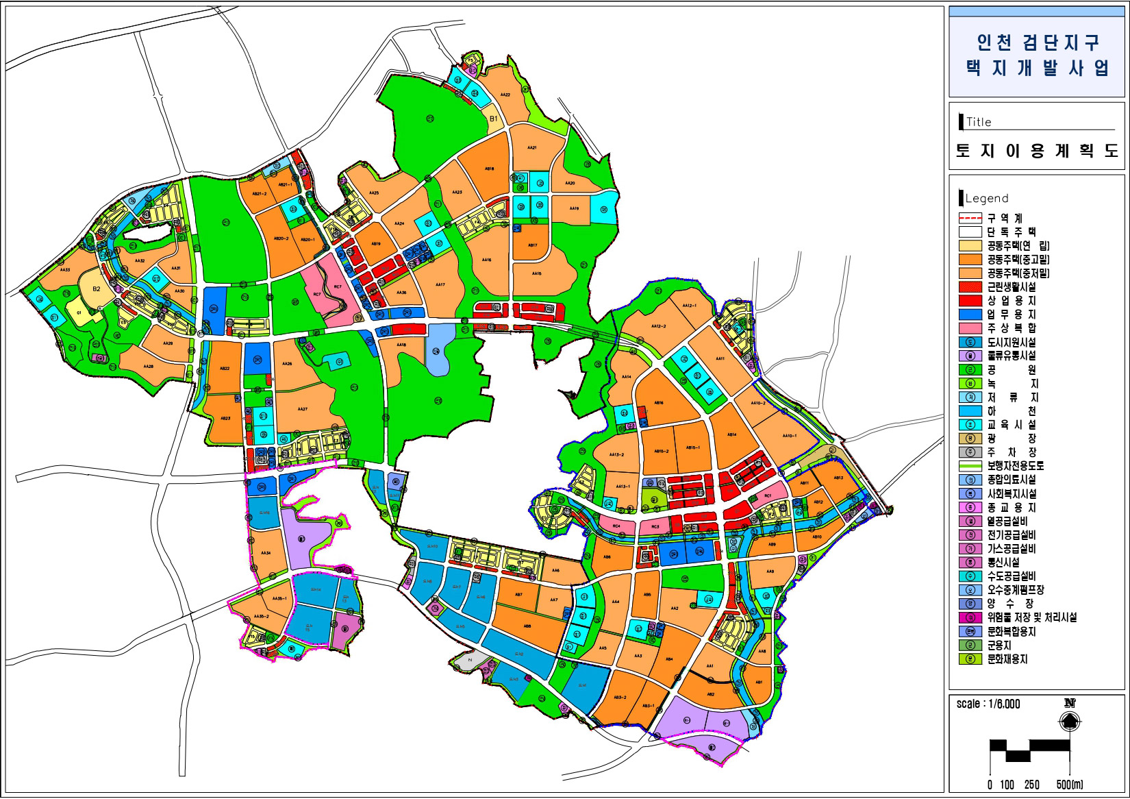 검단신도시 단계별 개발계획(안) 지도 이미지. 구역별로 1단계(2구역), 2단계(1구역), 3단계(3구역). 범례 : 단독주택, 공동주택(연합), 공동주택(중고형), 공동주택(중주형), 근린생활시설, 상업, 업무, 주상복합, 도시지원시설, 물류유통시설, 공원, 공공공지, 녹지, 지류지, 하천, 교육시설, 광장, 주차장, 여객자동차터미널, 보행자전용도로, 종합의료시설, 사회복지시설, 종교용지, 열공급설비, 전기공급설비, 가스공급설비, 수도공급설비, 오수중계펌프장, 양수장, 위험물저장 및 처리시설, 유보지, 군용지