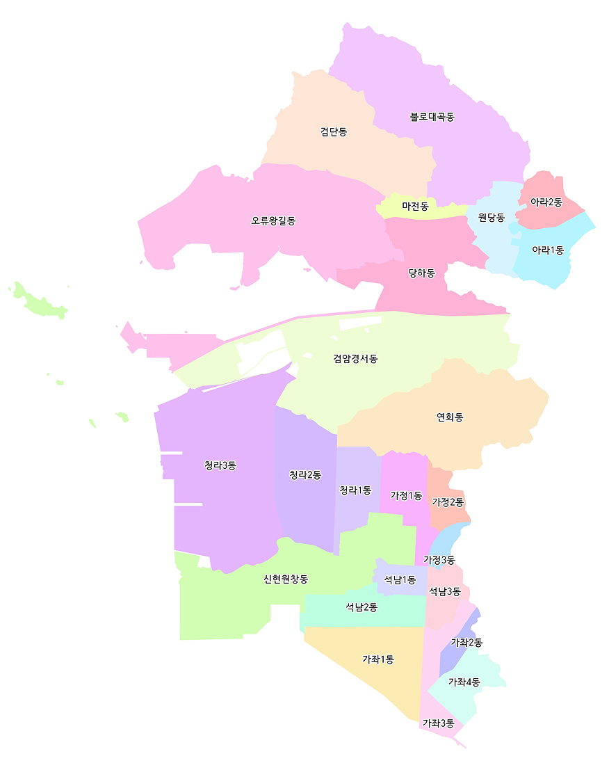 인천 서구 행정동을 나타낸 지도. 행정동구분 : 상단부터 불로대곡동, 검단동, 오류왕길동, 마전동, 당하동, 원당동, 아라1동, 아라2동, 검암경서동, 연희동, 청라3동, 청라2동, 청라1동, 가정1동, 가정2동, 가정3동, 신현원창동, 석남1동, 석남2동, 석남3동, 가좌1동, 가좌2동, 가좌3동, 가좌4동 