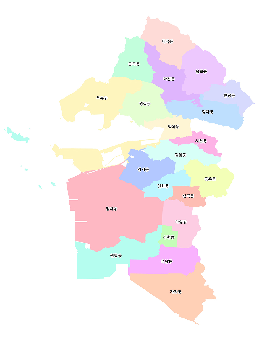 인천 서구 법정동 지도. 상단부터 대곡동, 금곡동, 마전동, 불로동, 오류동, 왕길동, 당하동, 원당동, 백석동, 시천동, 검암동, 경서동, 청라동, 연희동, 공촌동, 심곡동, 가정동, 원창동, 신현동, 석남동, 가좌동